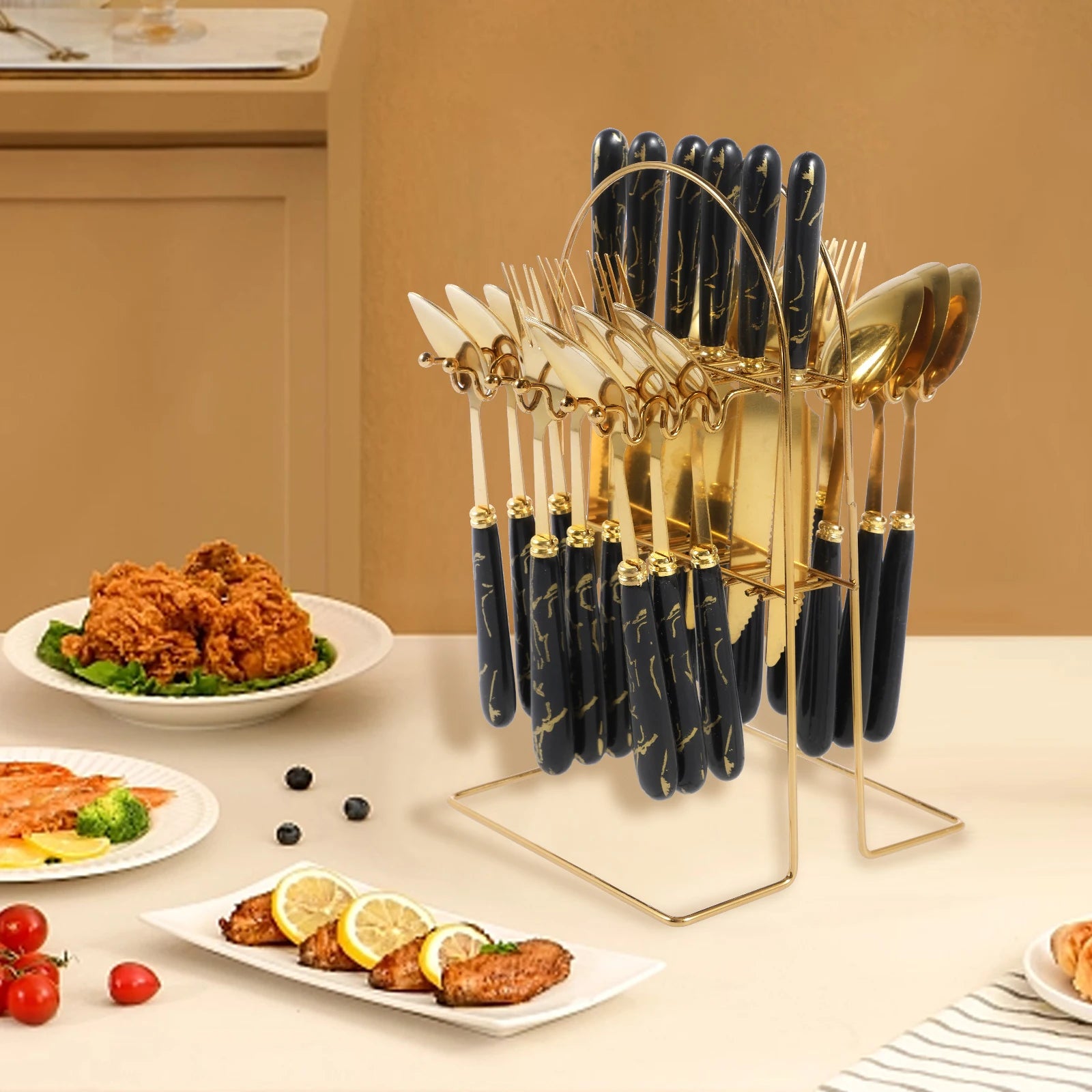 Stainless steel flatware set with holder by MC THE BLACK DIAMOND, including knives, forks, and spoons arranged in a sleek display.