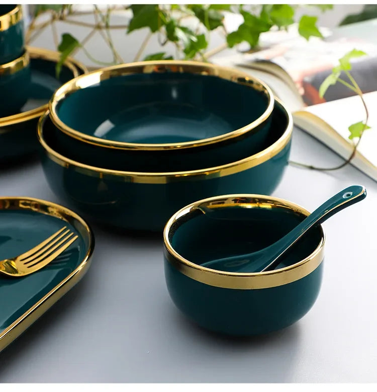 Green ceramic dinnerware set by MC THE BLACK DIAMOND, includes plates and bowls for family dining, stylish and durable.