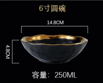 European style gold side black ceramic plate with matte finish, ideal for steak, desserts, and dinner servings.
