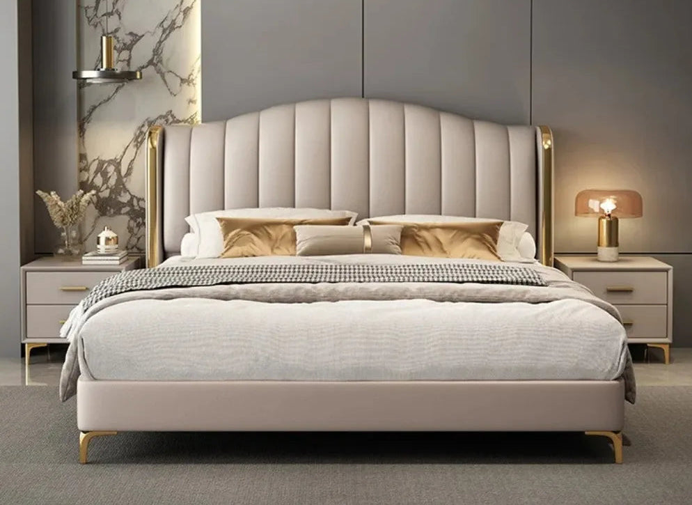 King size upholstered bed from MC THE BLACK DIAMOND featuring a modern frame and plush fabric for a stylish bedroom furniture piece.