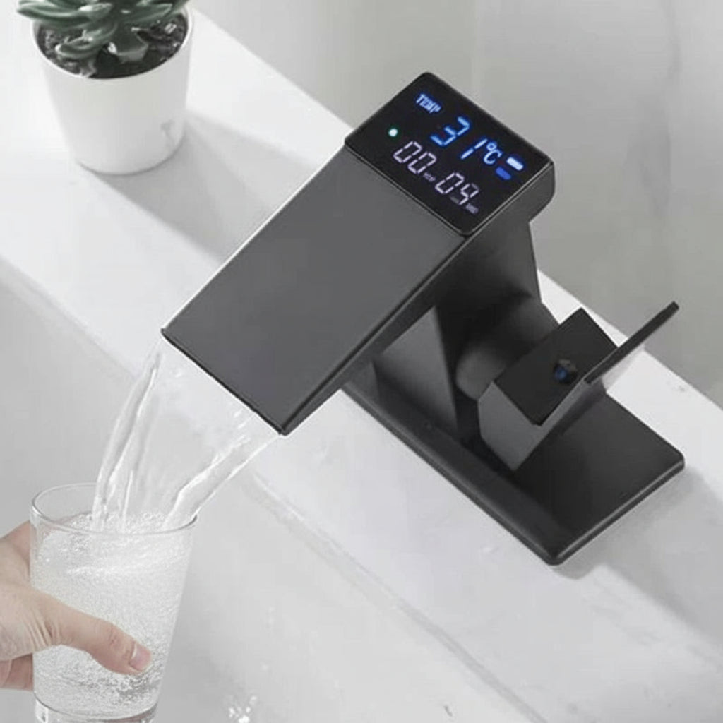 LED washbasin waterfall taps by MC THE BLACK DIAMOND, modern bathroom deck mixer faucet with waterfall spout for bath sinks.