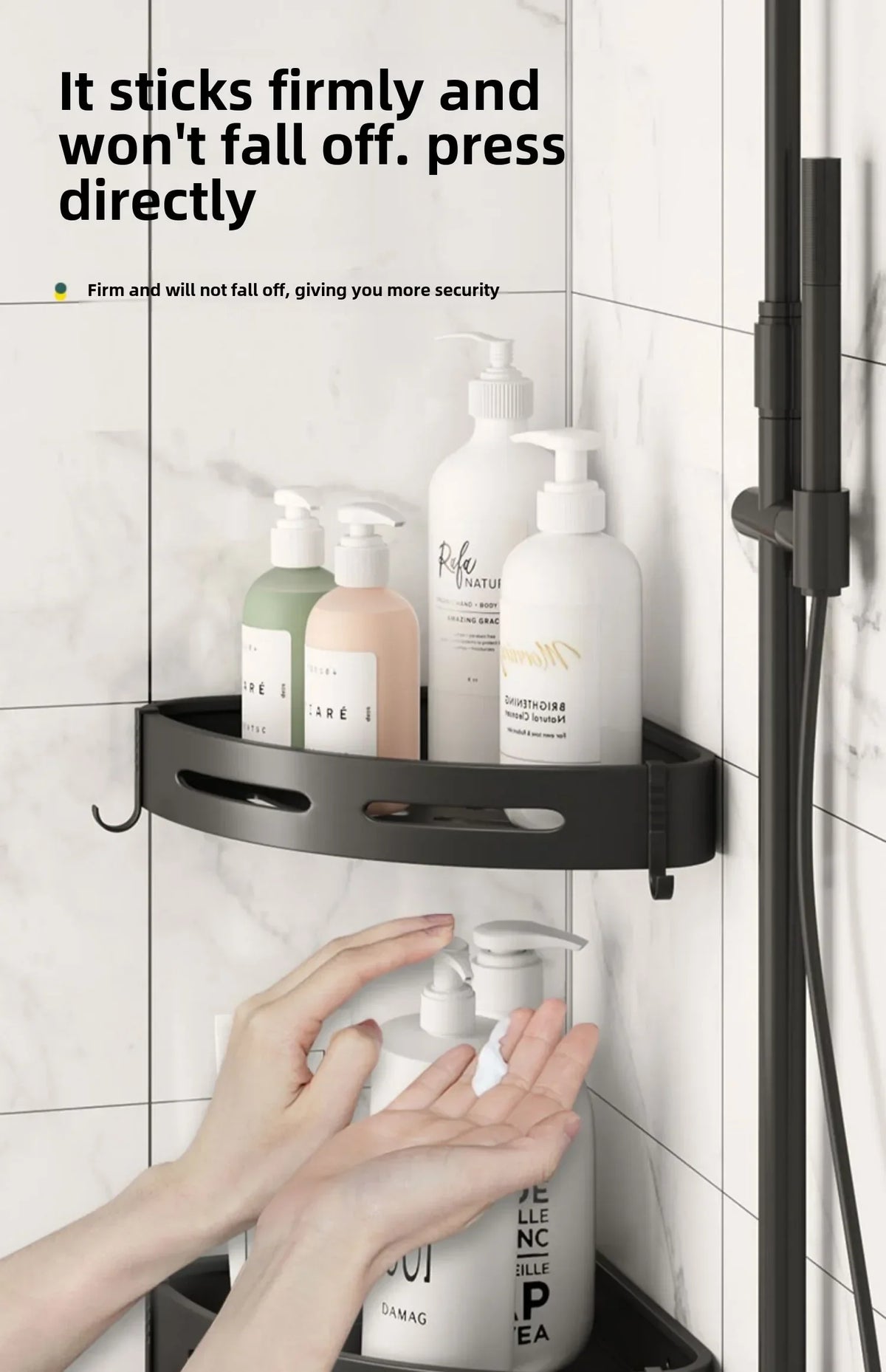 MC Diamond No-Drill Shower Caddy and bathroom organizer with multiple shelves for shampoo, soap, and toiletries in a modern bath setting.