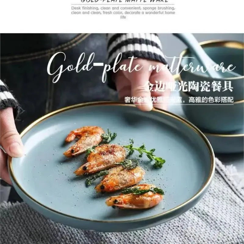 Matte ceramic dinnerware set with cereal bowls, dessert plates, and steak plates by 𝕄𝕔 𝕋𝕙𝕖 𝔹𝕝𝕒𝕔𝕜 𝔻𝕚𝕒
