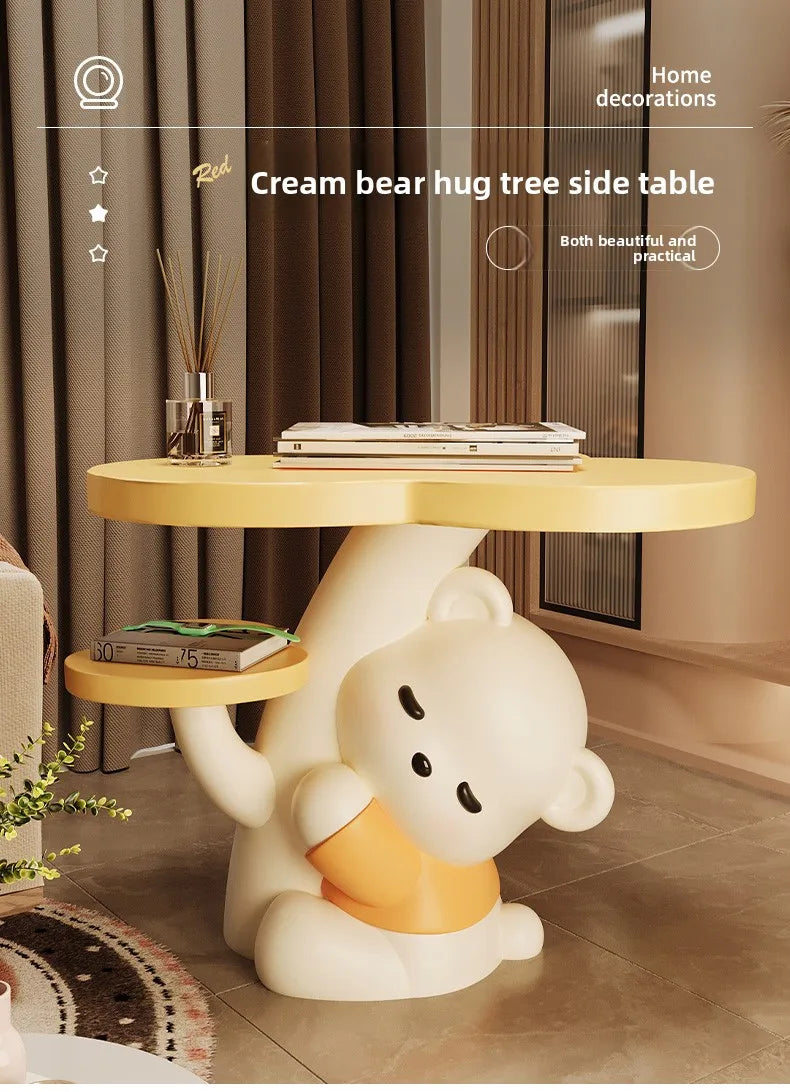 MC THE BLACK DIAMOND cartoon bear statue end table for living room, featuring a playful bear design on a coffee table.