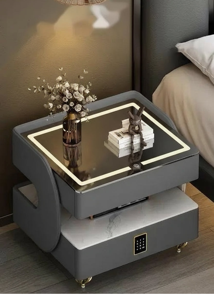 MC THE BLACK DIAMOND coded lock USB rolling side table with storage and modern design, ideal for bedside or living room use.