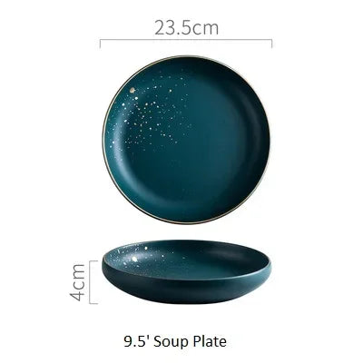 Dark green ceramic Western dinner set by MC THE BLACK DIAMOND, includes plates, bowls, and mugs for stylish dining.