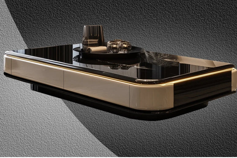 Modern minimalist black glass table with slate microcrystalline stone surface by MC The Black Diamonds, 1.5 extended furniture piece.