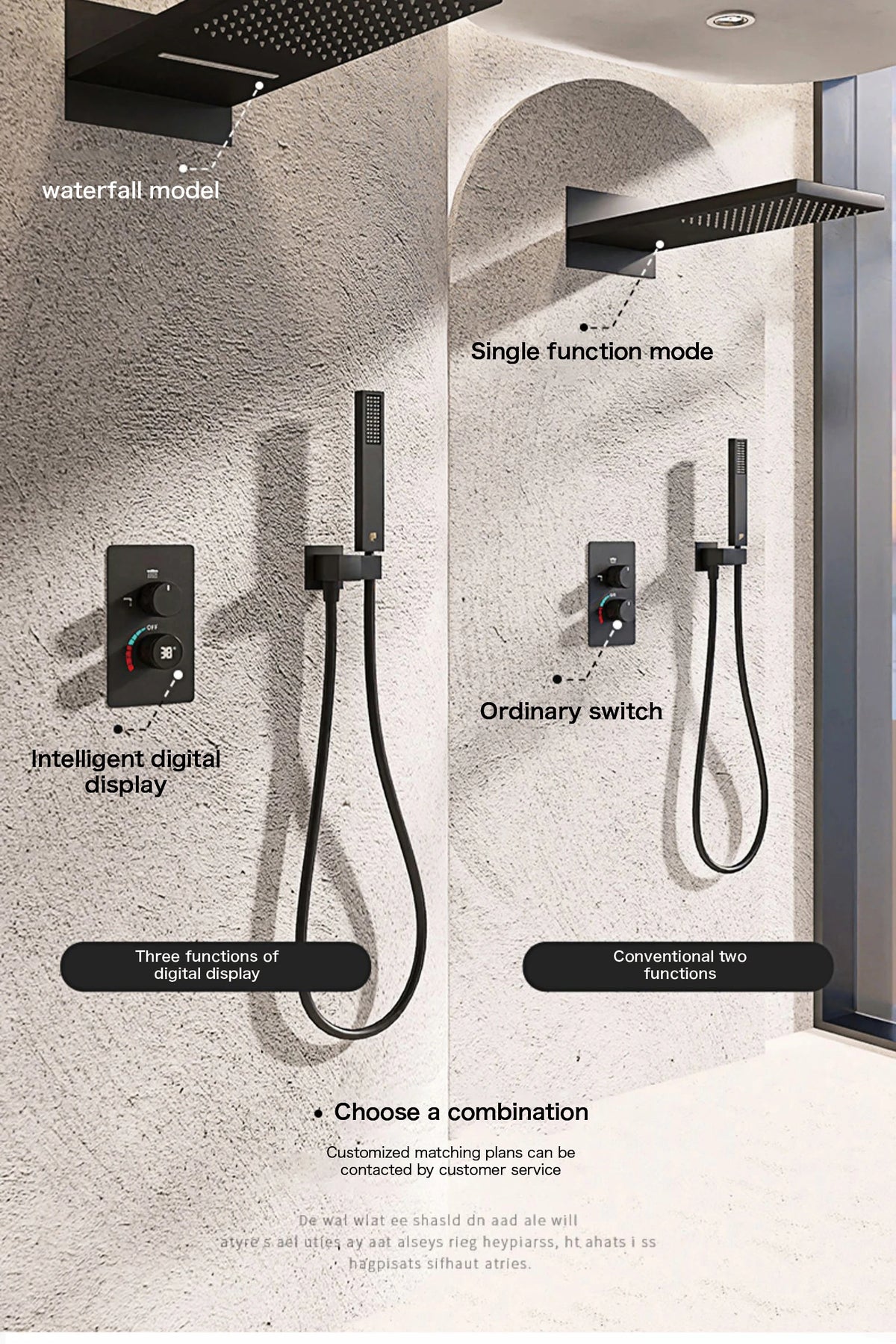 MC THE BLACK DIAMOND LED digital shower system with dual control for hot and cold water, featuring a modern bathroom tap display.