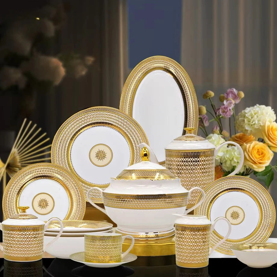 Royal MC THE BLACK DIAMOND porcelain dinnerware set with plates, bowls, and cups arranged on a table.