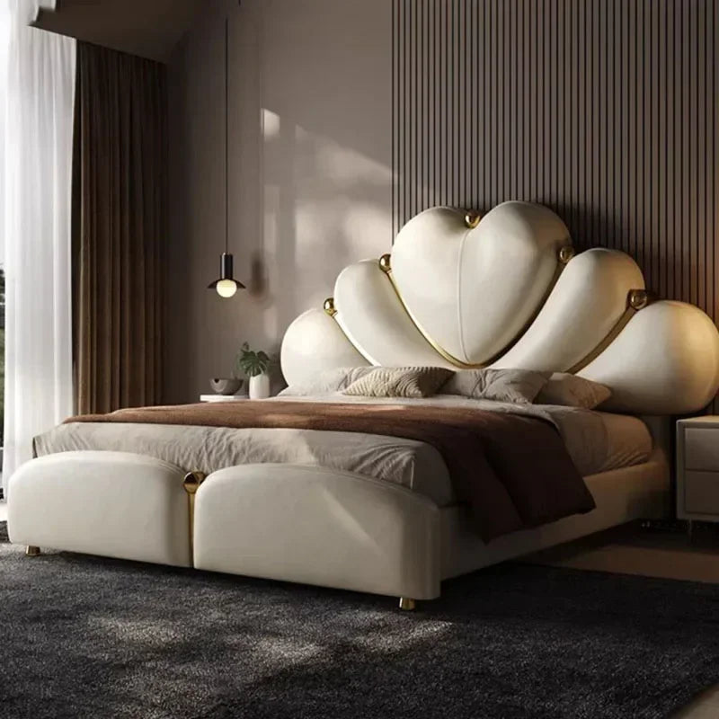 White waterproof Nordic aesthetic double bed headboard and frame by MC THE BLACK DIAMOND for European queen and king size beds.