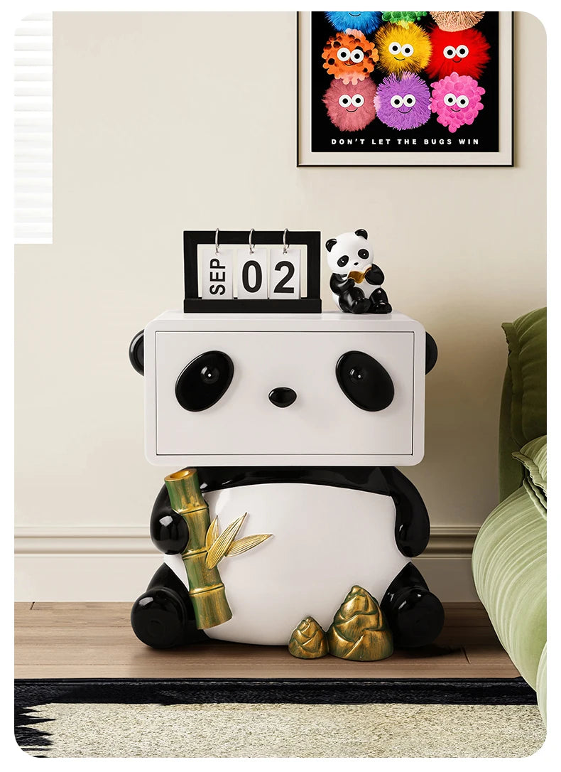 Cute panda-themed bedside table by MC THE BLACK DIAMOND featuring creative floor storage and decorative design.
