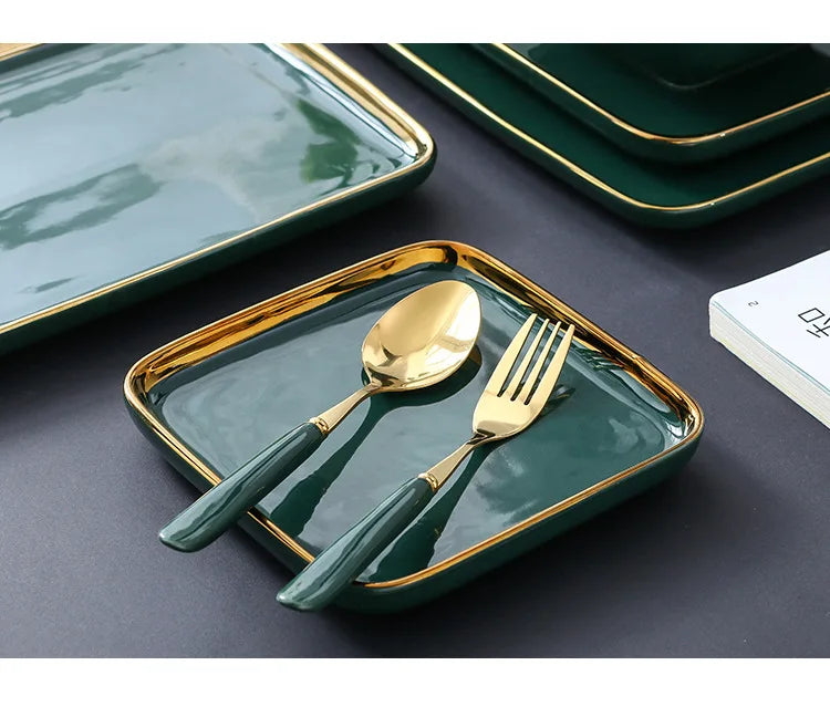 Dark green ceramic dinner plate with golden border, stylish porcelain tableware for steak and pasta from 𝕄𝕮 𝕋𝕙𝕖 𝔹𝕝𝕒𝕔𝕜 𝔻𝕚�