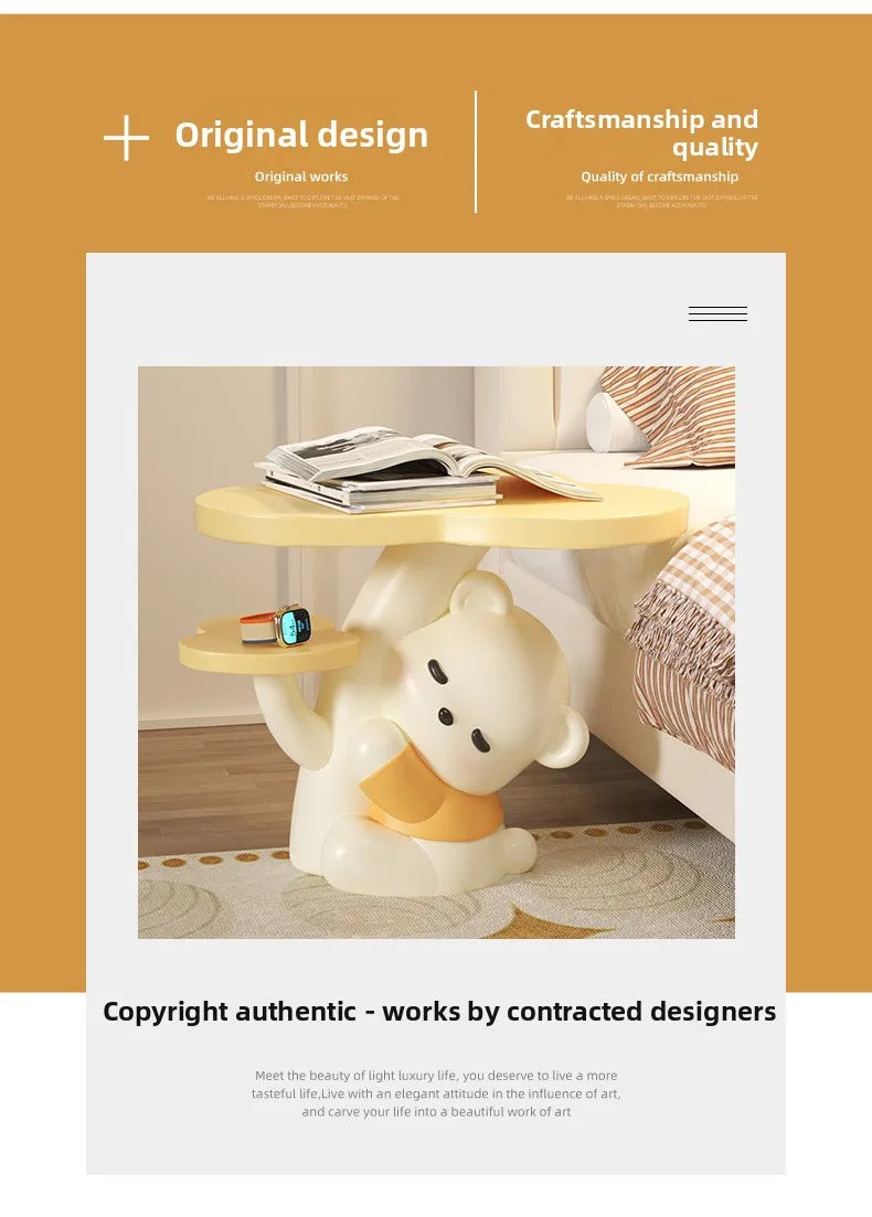 Cartoon bear statue end table by MC THE BLACK DIAMOND, featuring a playful bear design for a living room coffee table.