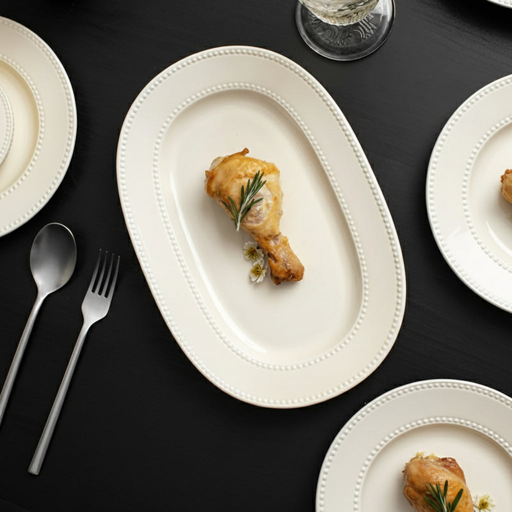 Set of modern minimalist ceramic round dinnerware by MC THE BLACK DIAMOND, including plates and bowls arranged on a table.