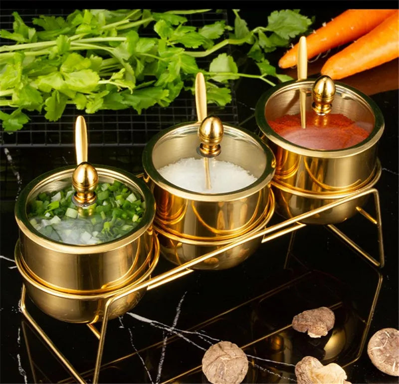 Golden Seasoning box bottle with glass cap and spoon, MC THE BLACK DIAMOND kitchen tool for flavoring and seasoning.