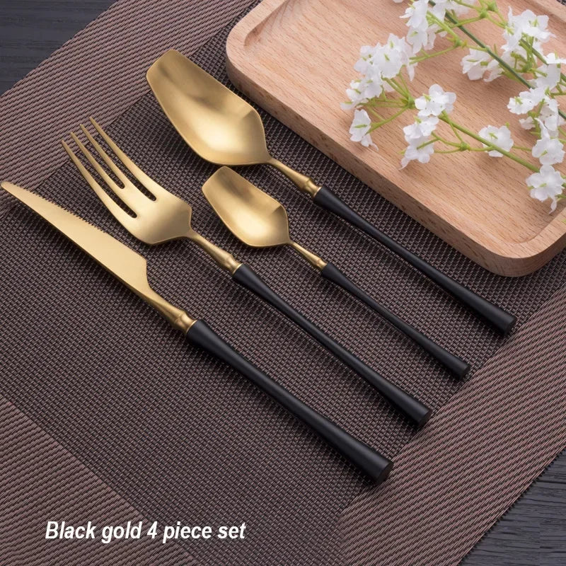 Mirror matte stainless steel black, gold, and silver dinnerware set with reflective finishes and elegant design.