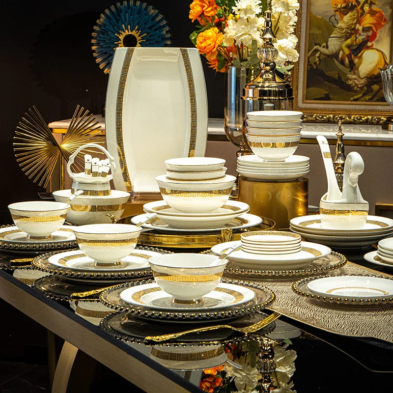 Elegant MC THE BLACK DIAMOND dinnerware set with white plates and bowls, perfect for stylish dining and entertaining guests.