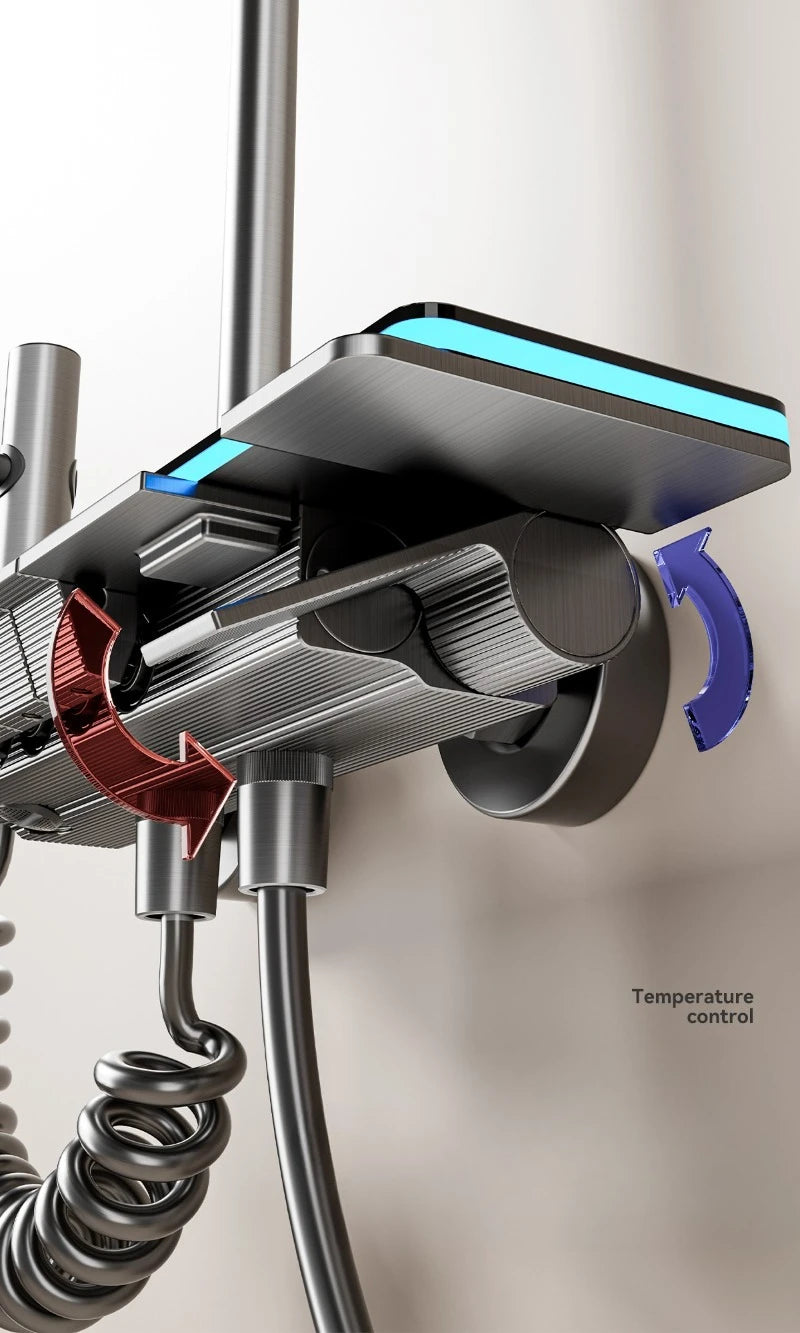 Digital shower faucet set by MC THE BLACK DIAMOND with temperature display, rainfall shower head, and modern shower system.
