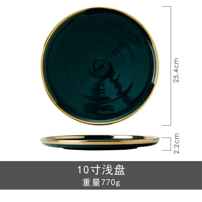 Creative dark green ceramic cutlery bowls set with gold accents, including rice bowls and porcelain plates, from 𝕄𝕔 𝕋𝕙𝕖 𝔹𝕝𝕒𝕔𝕜 𝔻𝕚