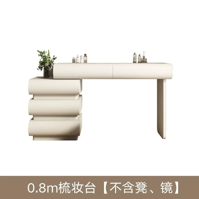 Mirror drawers vanity table with storage organizer and dressing chair, ideal for bedroom makeup and lounge suite furniture.