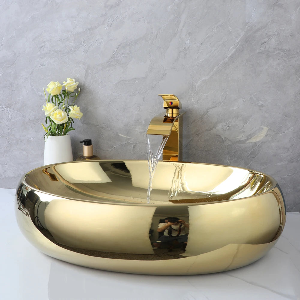 Gold Waterfall Vessel Sink and Faucet set by MC THE BLACK DIAMOND, featuring a stylish vessel sink with matching faucet.