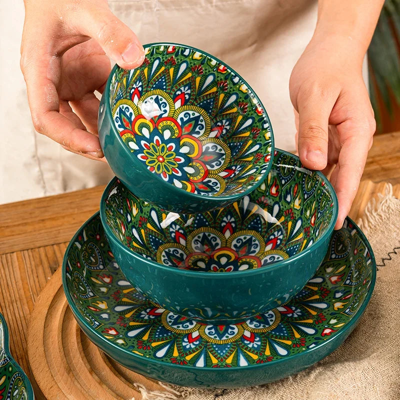 Bohemia ceramic rice bowl serving plate with intricate black and white patterns, crafted by 𝕄𝕔 𝕋𝕙𝕖 𝔹𝕝𝕒𝕔𝕜 𝔻𝕚𝕒