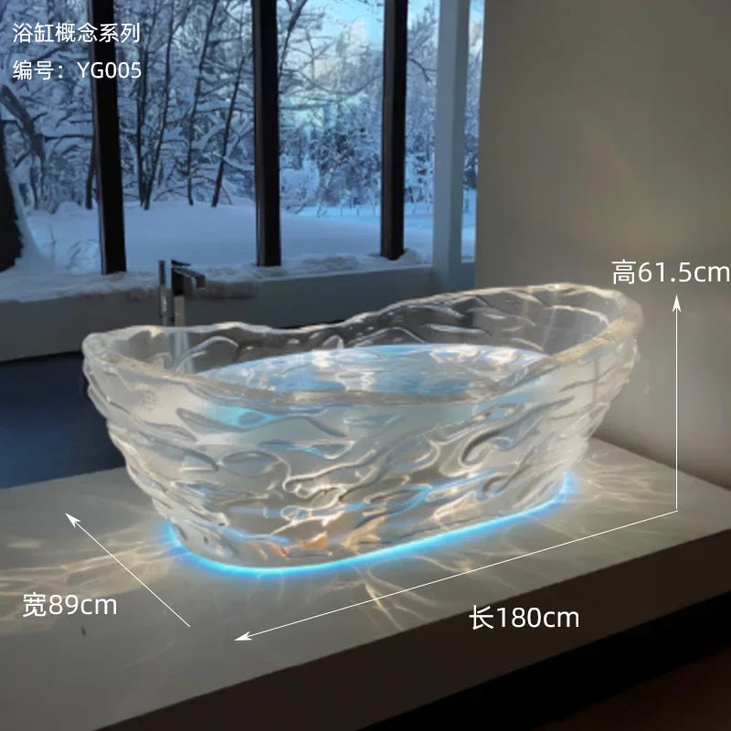Transparent MC THE BLACK DIAMOND freestanding crystal resin bathtub in AI concept with couple, corrugated design, and modern style.