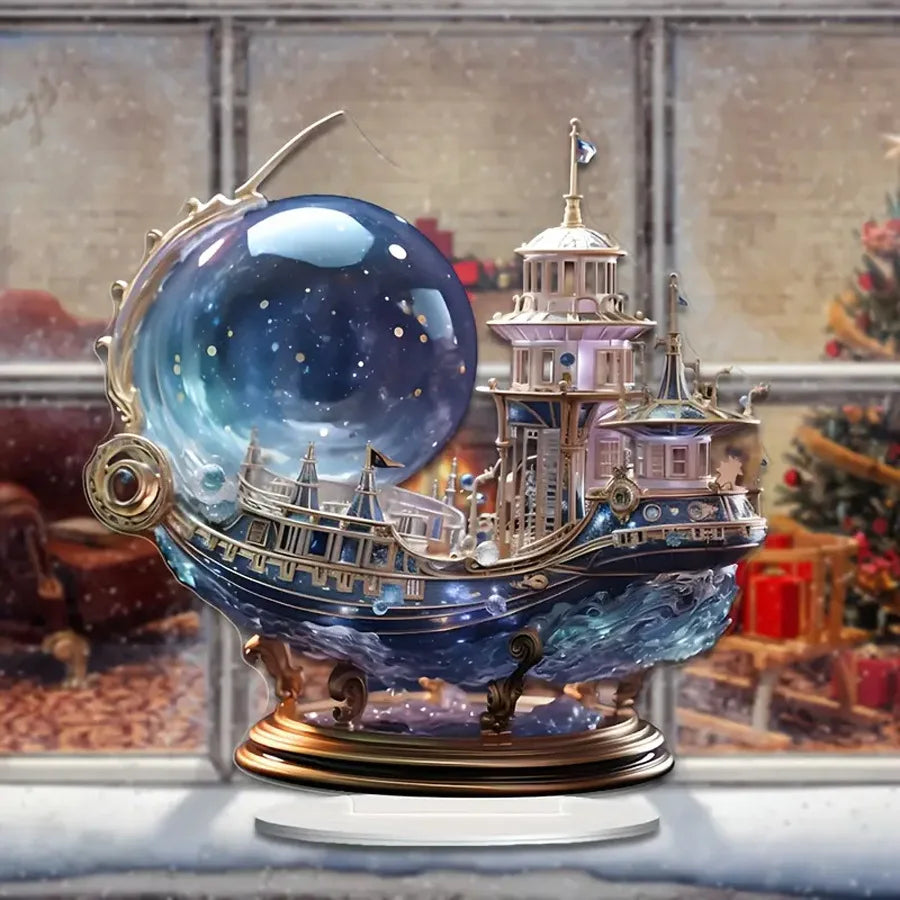 Flat crystal pirate ship ornament by MC THE BLACK DIAMOND, decorative figurine featuring a detailed cruise ship design.