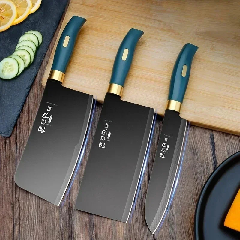 Portable and wear-resistant meat cutting knife set by MC THE BLACK DIAMOND featuring durable kitchen knives with ergonomic handles.