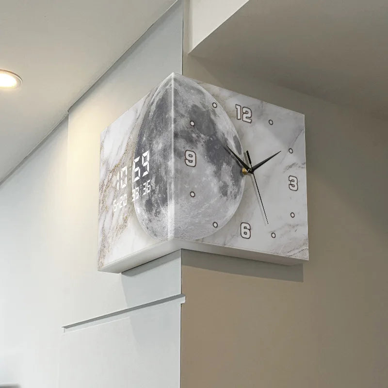 Modern double-sided corner clock and perpetual calendar for living rooms, showcasing sleek electronic wall decor by 𝕄𝕔 𝕋𝕙𝕖 𝔹𝕝𝕒𝕔𝕜 𝔻𝕚�