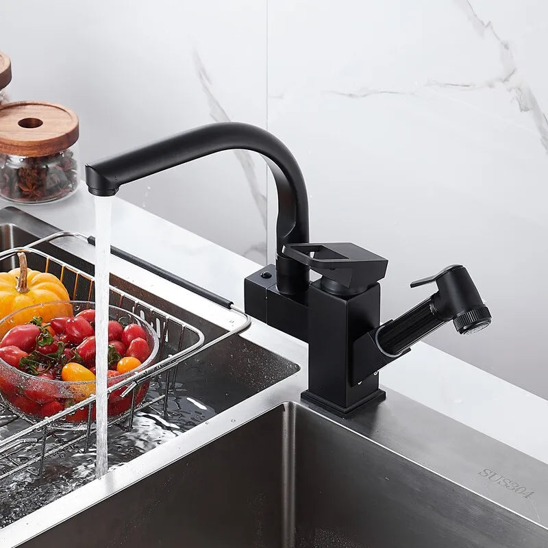Chrome silver kitchen sink faucet with hot and cold spring spout, designed for durable, functional kitchen use.