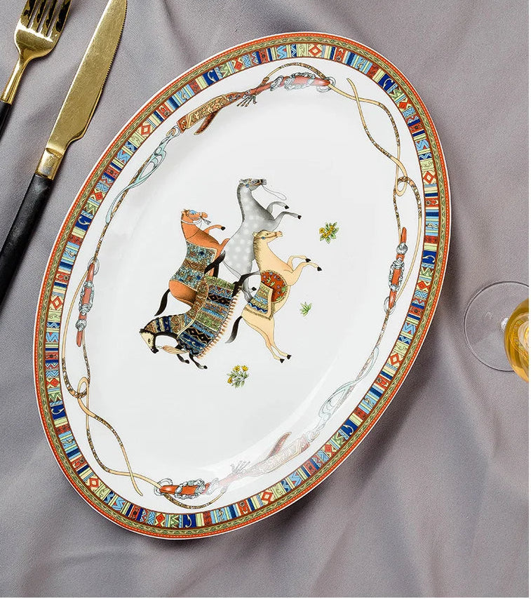 Family size ceramic dinnerware set by MC THE BLACK DIAMOND, includes plates, bowls, and cups for serving meals.
