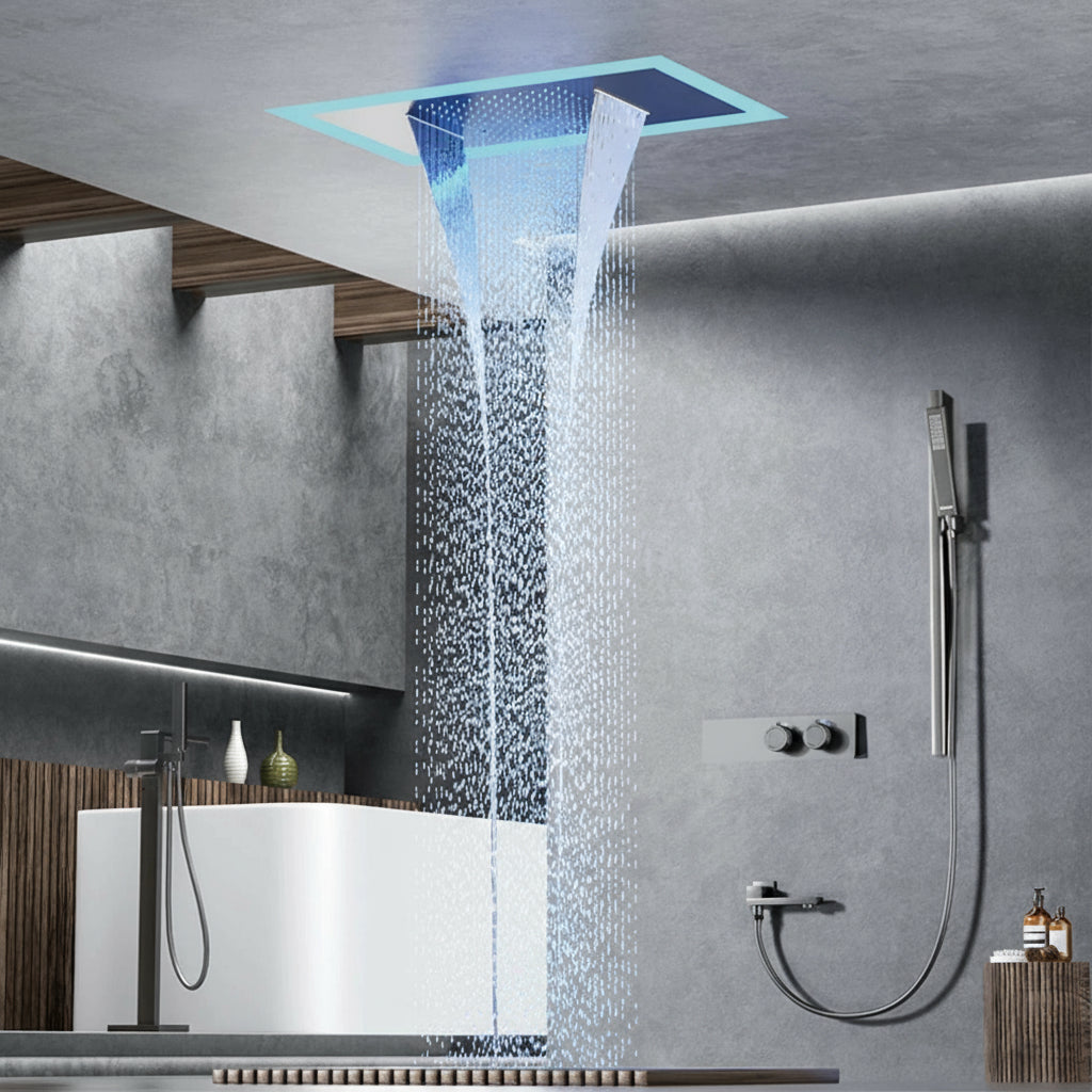 MC THE BLACK DIAMOND LED digital display shower system with hot and cold water controls, embedded bathroom faucet and bathtub setup