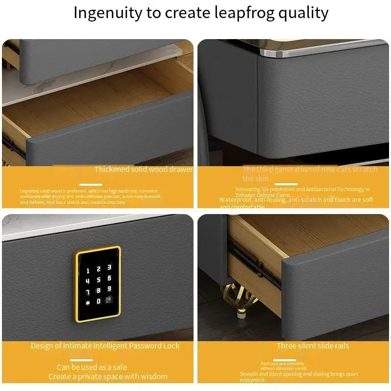 MC The Black Diamond coded lock USB rolling bedside side table with storage drawer and side handle, black finish.
